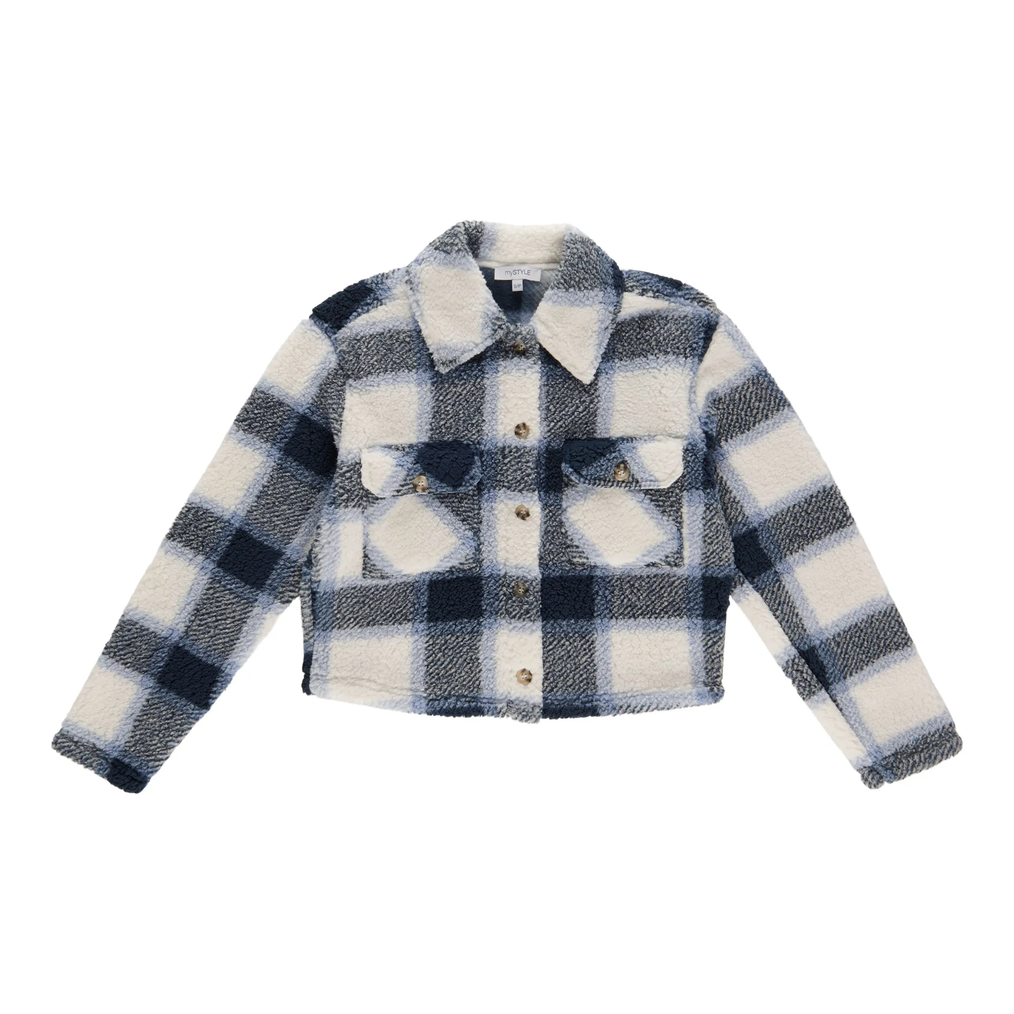 mySTYLE Women's Plaid Short Sherpa Shacket