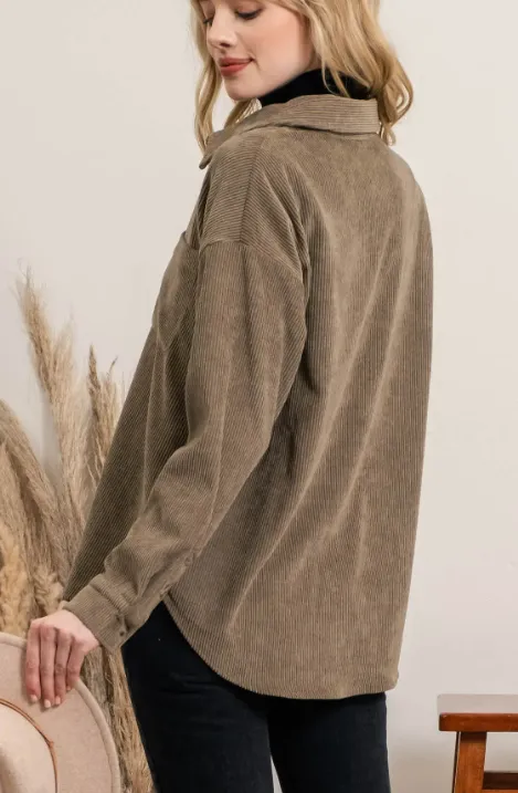 Olive Corduroy Button Up Shacket