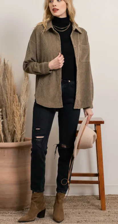 Olive Corduroy Button Up Shacket