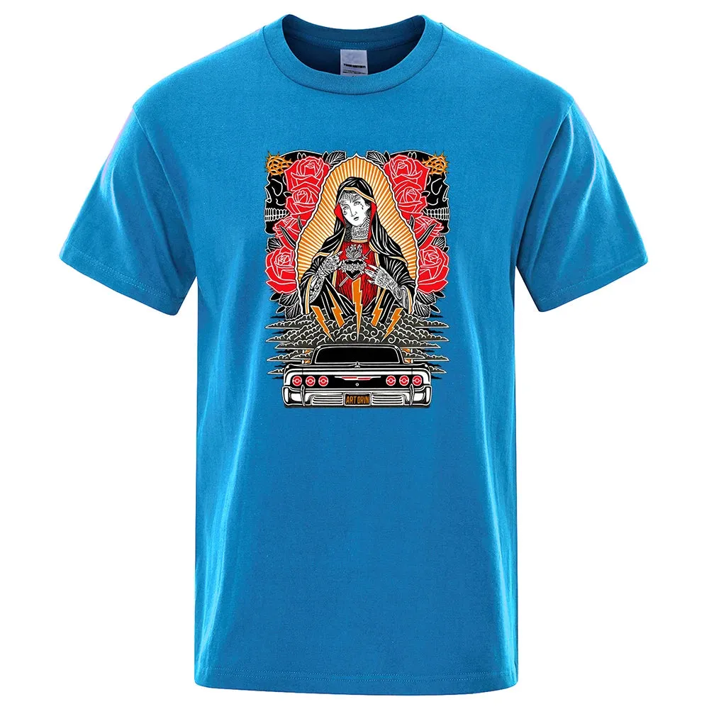 Rose Our Lady Of Guadalupe Funny Men Tshirt Breathable Summer Short Sleeve Oversized Casual Tops Cotton T-Shirt Short Sleeve