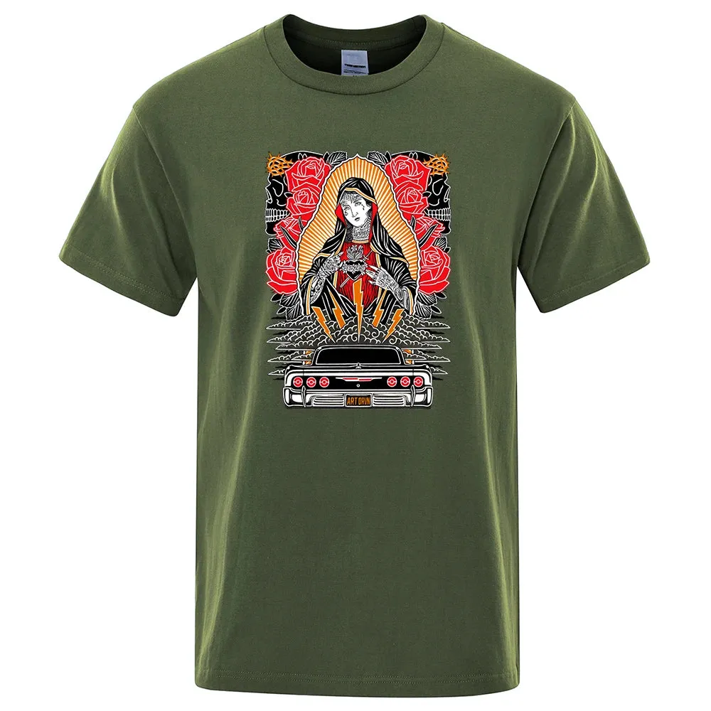 Rose Our Lady Of Guadalupe Funny Men Tshirt Breathable Summer Short Sleeve Oversized Casual Tops Cotton T-Shirt Short Sleeve