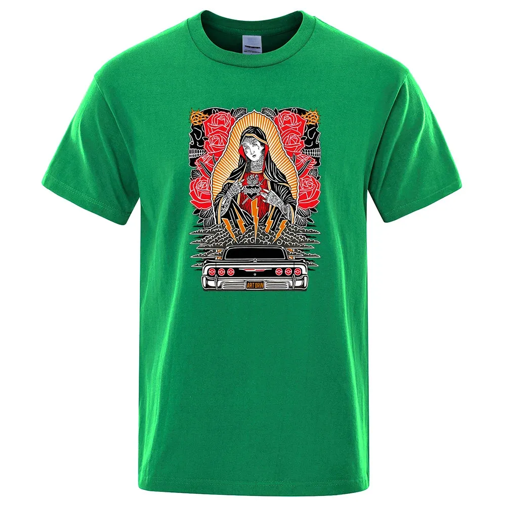 Rose Our Lady Of Guadalupe Funny Men Tshirt Breathable Summer Short Sleeve Oversized Casual Tops Cotton T-Shirt Short Sleeve