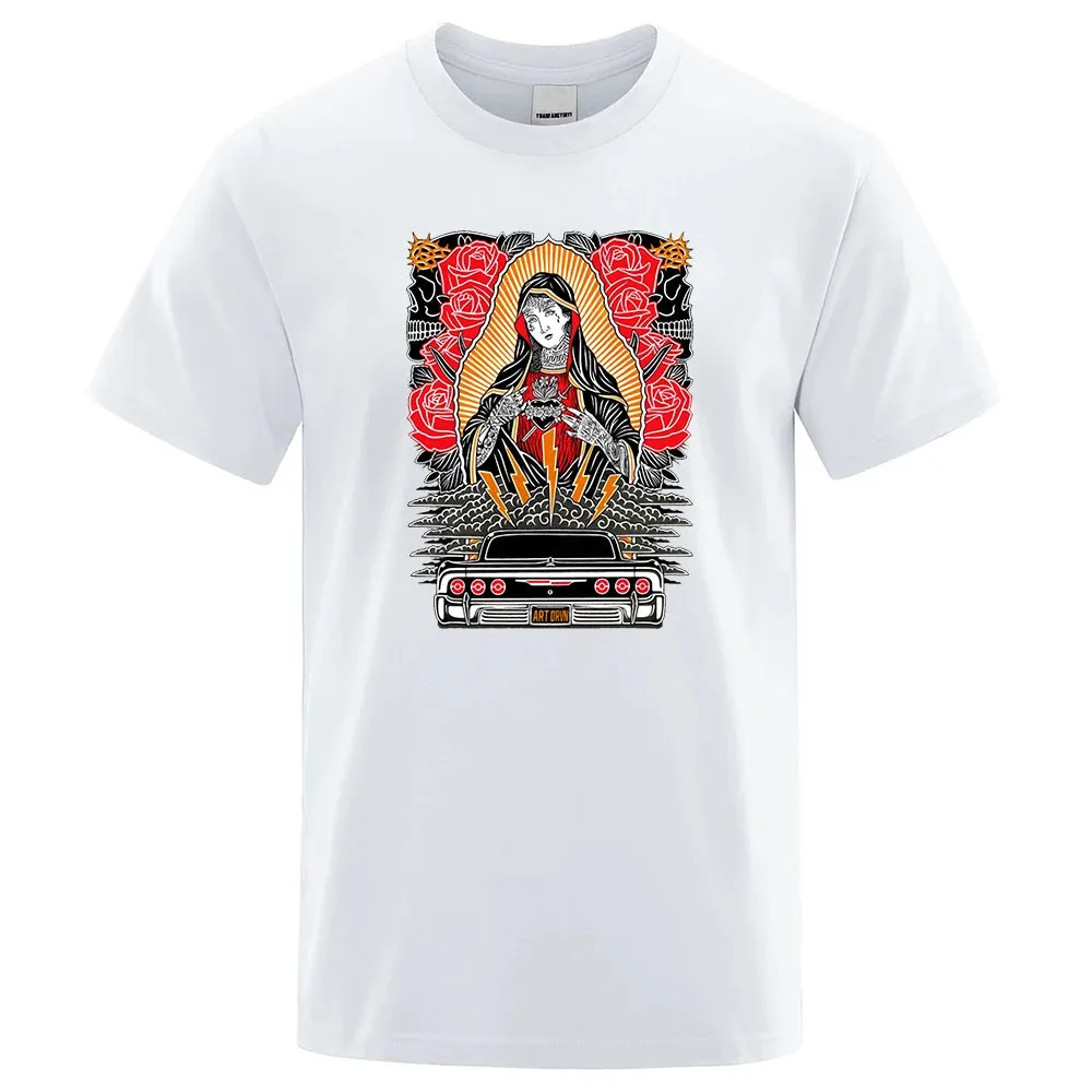 Rose Our Lady Of Guadalupe Funny Men Tshirt Breathable Summer Short Sleeve Oversized Casual Tops Cotton T-Shirt Short Sleeve