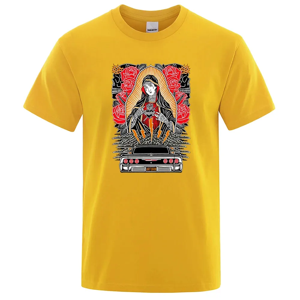 Rose Our Lady Of Guadalupe Funny Men Tshirt Breathable Summer Short Sleeve Oversized Casual Tops Cotton T-Shirt Short Sleeve