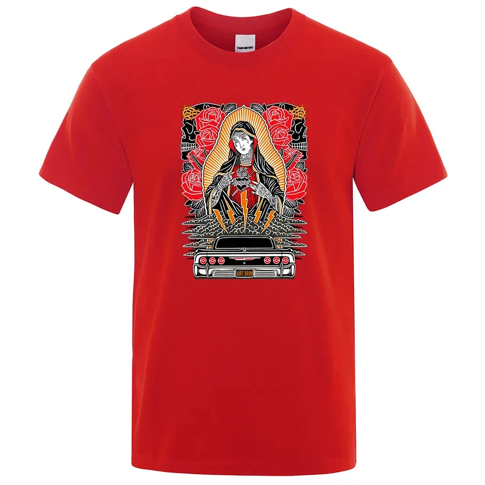 Rose Our Lady Of Guadalupe Funny Men Tshirt Breathable Summer Short Sleeve Oversized Casual Tops Cotton T-Shirt Short Sleeve