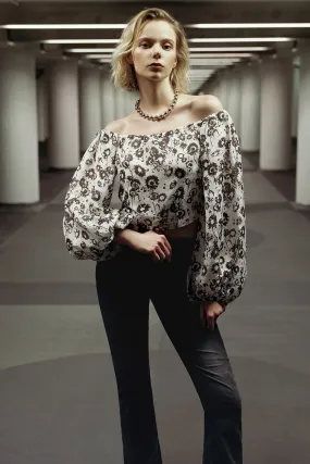 Silk Linen Blend Printed Sexy Off-Shoulder Shirt