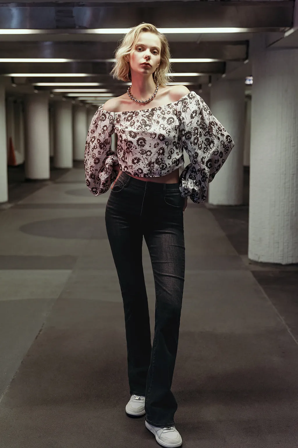 Silk Linen Blend Printed Sexy Off-Shoulder Shirt