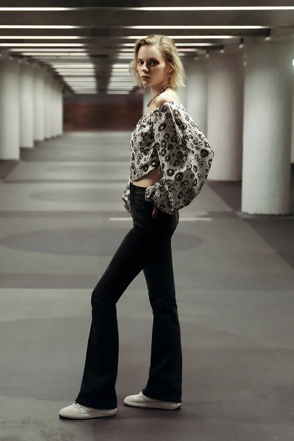 Silk Linen Blend Printed Sexy Off-Shoulder Shirt