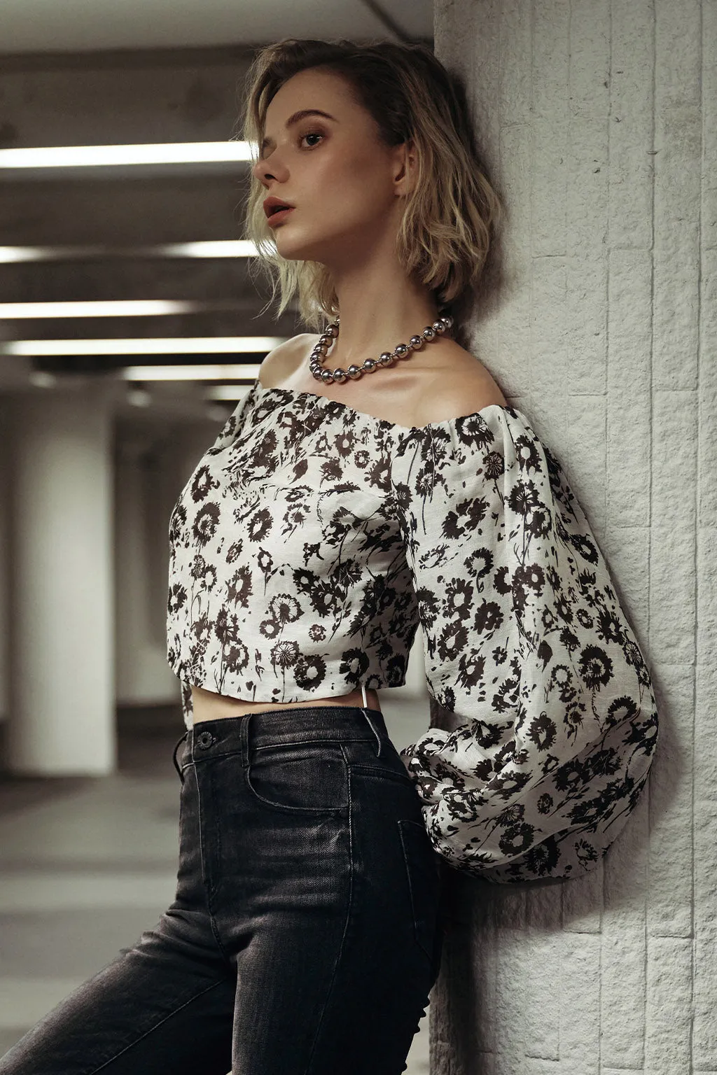 Silk Linen Blend Printed Sexy Off-Shoulder Shirt