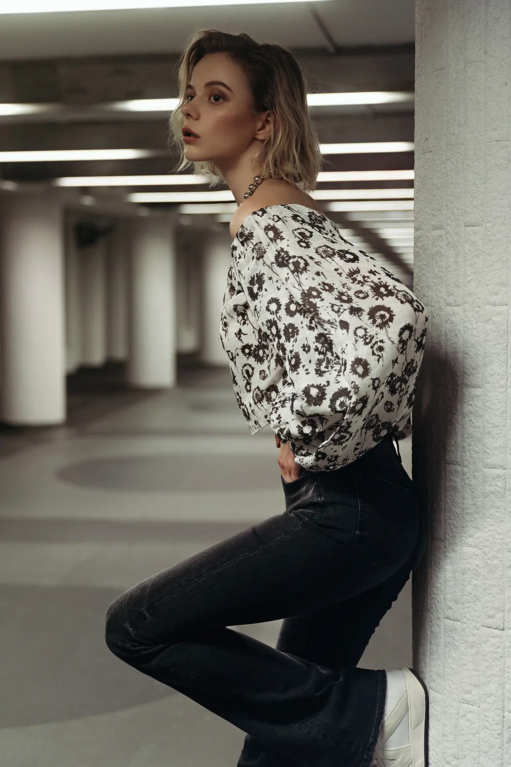 Silk Linen Blend Printed Sexy Off-Shoulder Shirt