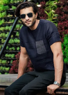 Simon - Pure Linen Stitch Detail Short Sleeve T-Shirt - Dark Blue