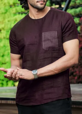 Simon - Pure Linen Stitch Detail Short Sleeve T-Shirt - Dark Purple