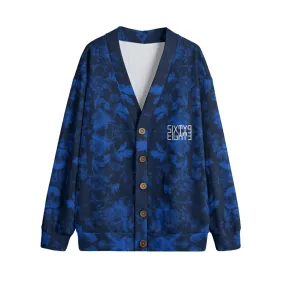 Sixty Eight 93 Logo White Floral Blue Unisex V-Neck Knitted Fleece Cardigan