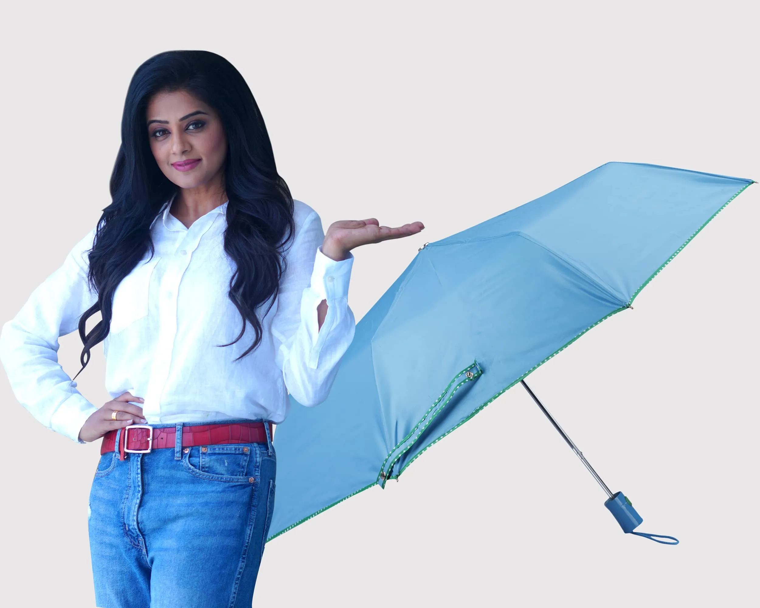 STRAUSS THE CLOWNFISH Umbrella Monochrome Series 3 Fold Auto Open Waterproof Water Repellent 190 T Polyester Double Coated Silver Lined Dotted Border Umbrellas For Men and Women (Skyblue)