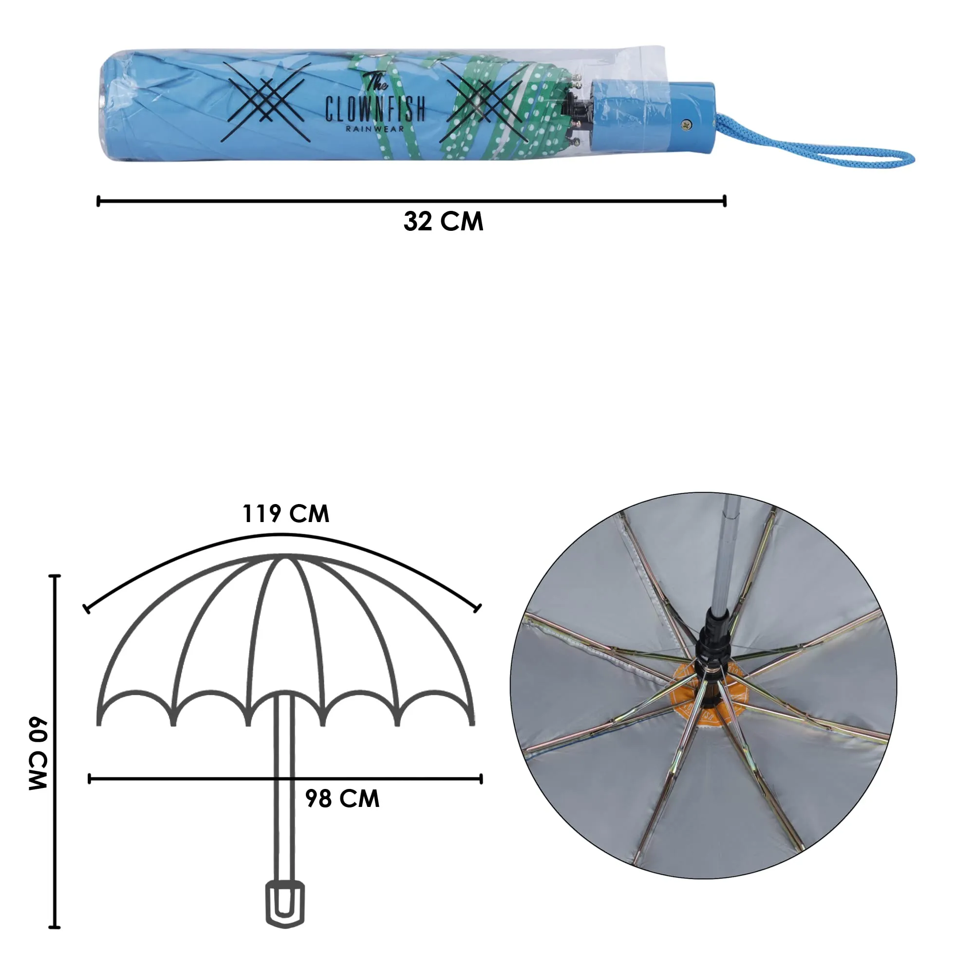 STRAUSS THE CLOWNFISH Umbrella Monochrome Series 3 Fold Auto Open Waterproof Water Repellent 190 T Polyester Double Coated Silver Lined Dotted Border Umbrellas For Men and Women (Skyblue)
