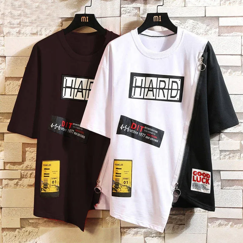 Summer Korean Hip Hop Tshirt Streetwear Tops Casual Oversized Zipper T-shirt Men&#39;s Clothing Cool Loose Punk Japan T Shirts Male