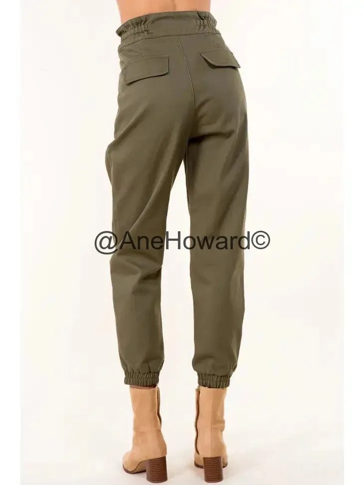 Tie Waist Paperbag Cotton Pants - OLIVE