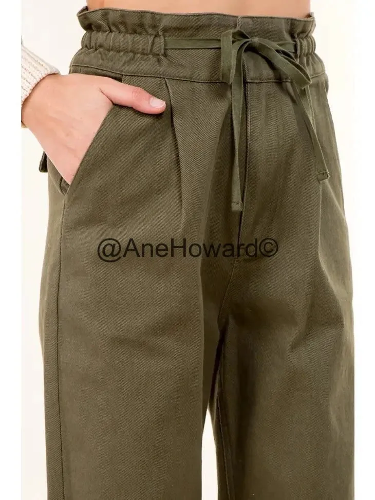 Tie Waist Paperbag Cotton Pants - OLIVE
