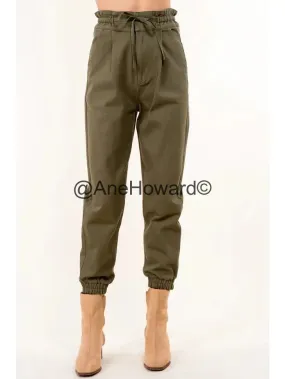 Tie Waist Paperbag Cotton Pants - OLIVE