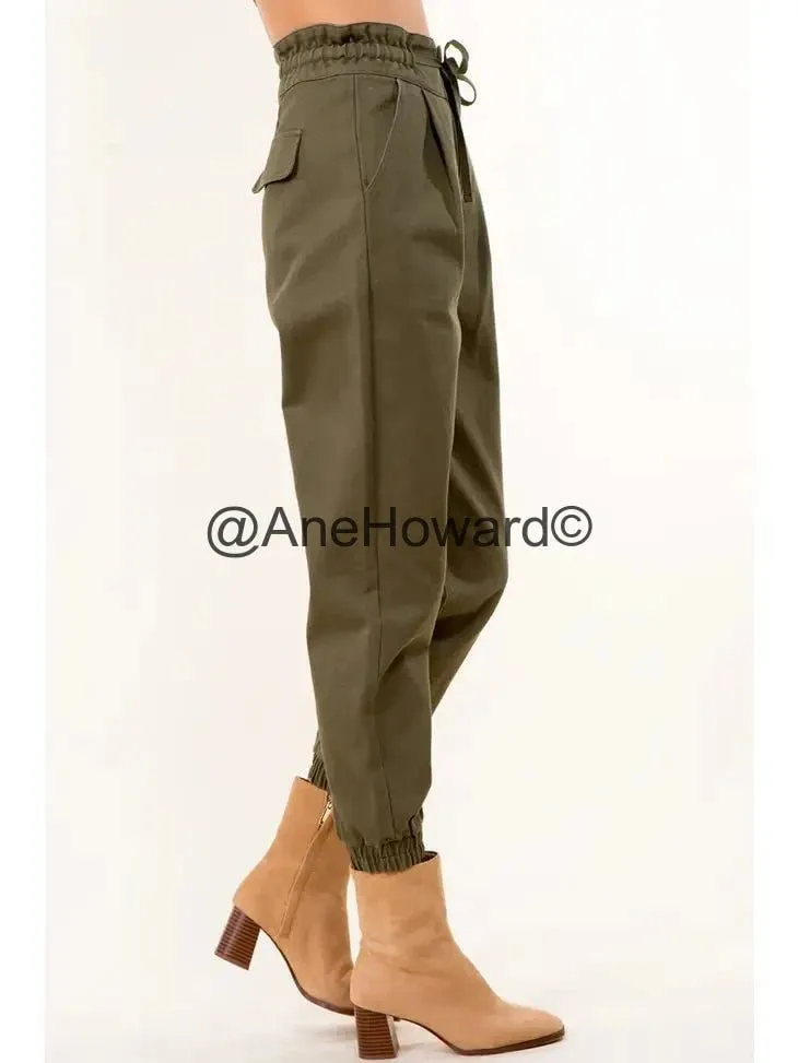 Tie Waist Paperbag Cotton Pants - OLIVE