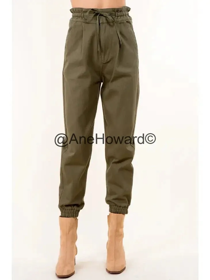 Tie Waist Paperbag Cotton Pants - OLIVE