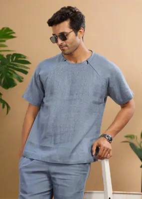 Trio Raglan Sleeve Pure Linen T-Shirt With Zipper | Blue Grey