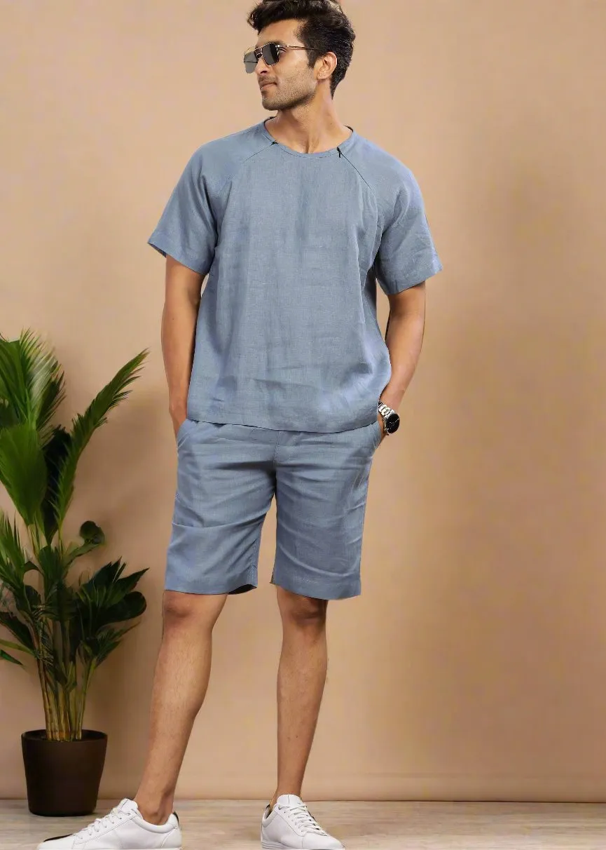 Trio Raglan Sleeve Pure Linen T-Shirt With Zipper | Blue Grey