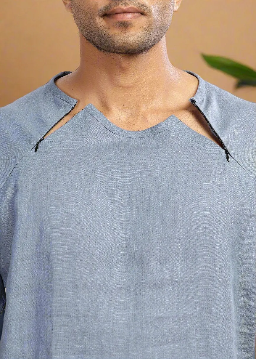 Trio Raglan Sleeve Pure Linen T-Shirt With Zipper | Blue Grey