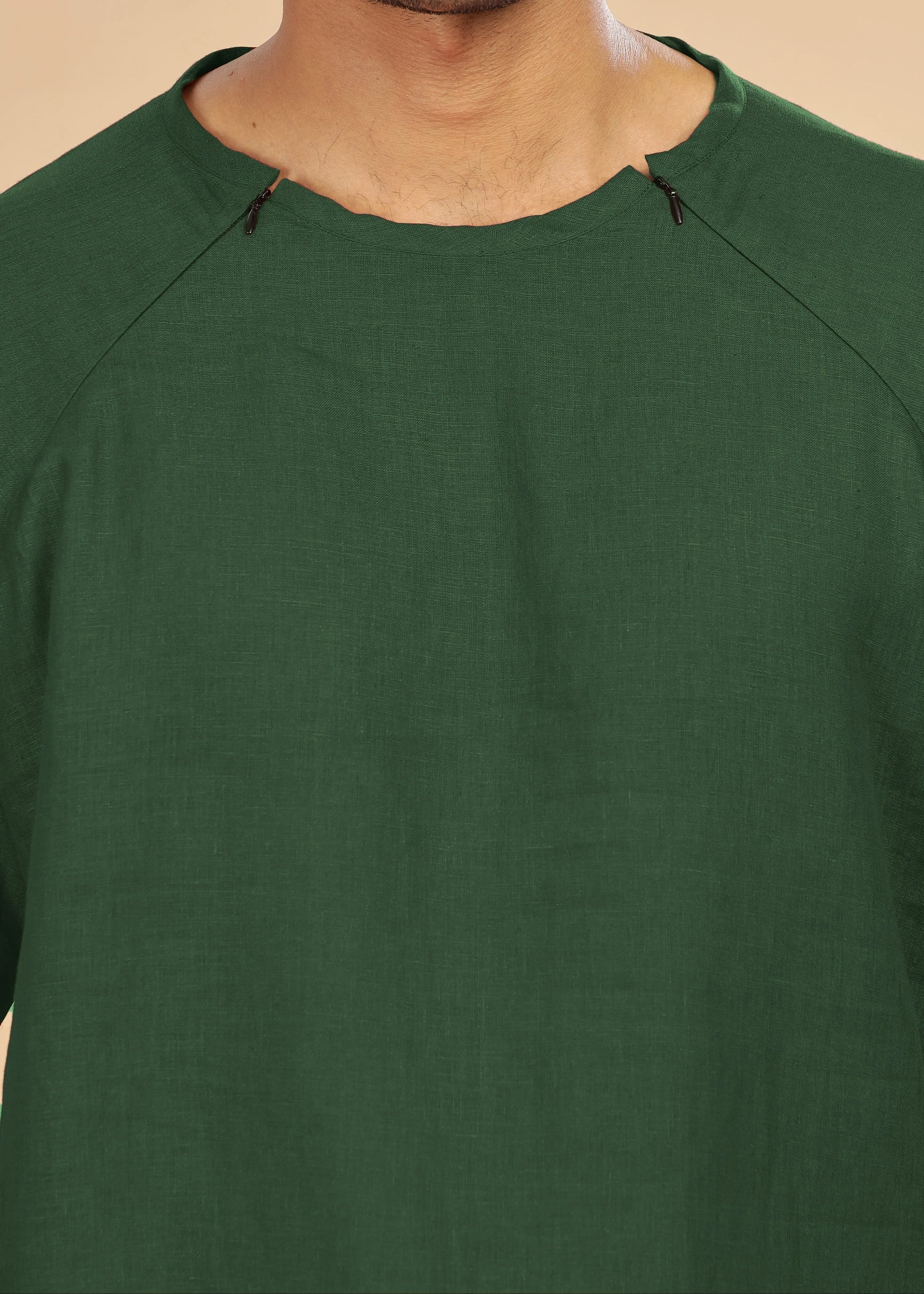 Trio Raglan Sleeve Pure Linen T-Shirt With Zipper | Dark Green
