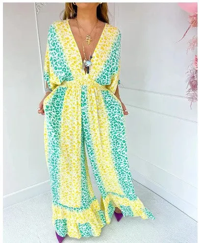 💃V-neck leopard print loose wide leg suit 💝