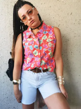 Vintage 90s colorful floral cotton light vest gilet top