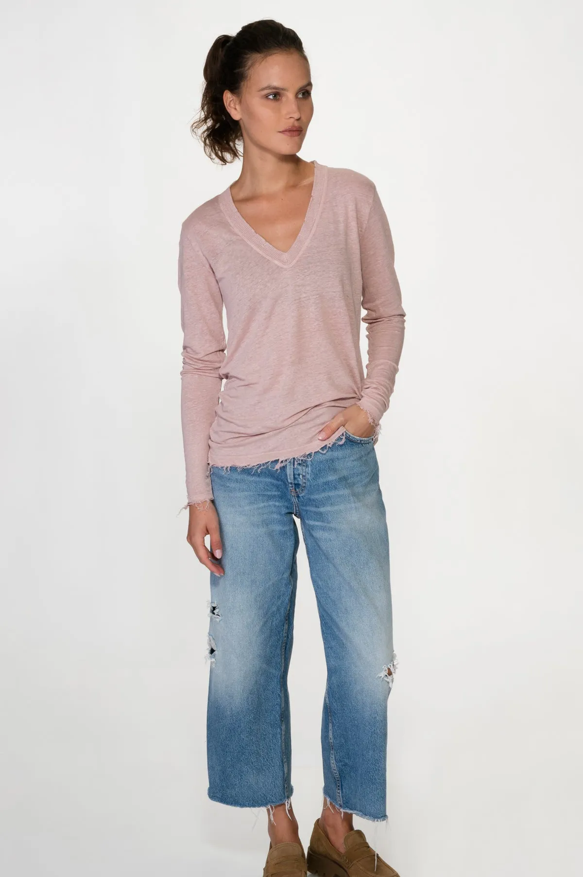Violet V Neck Linen Tee Long Sleeve