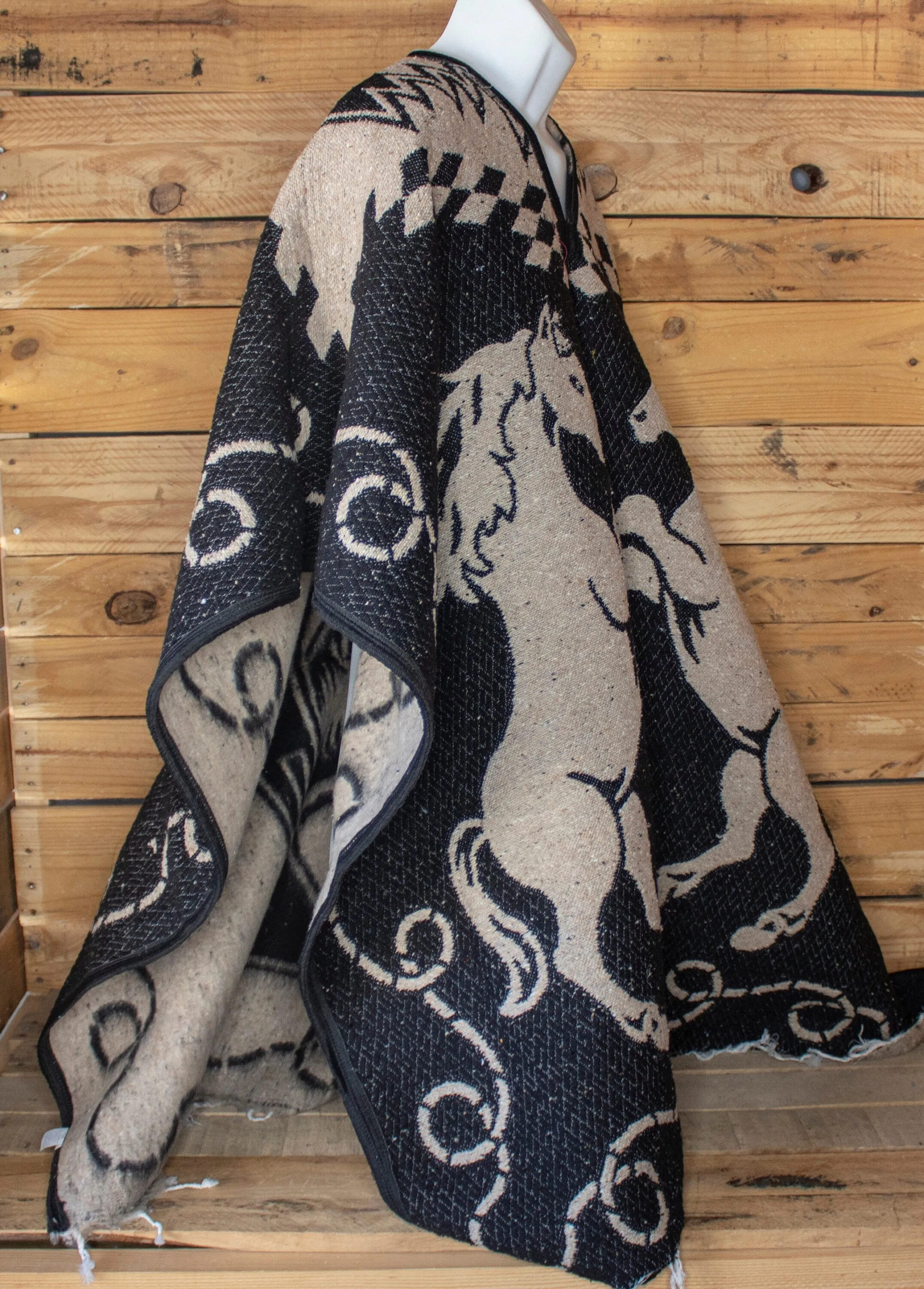 Western 2 sided cowboy horse caballo Mexican reversible PONCHO REBOZO WRAP