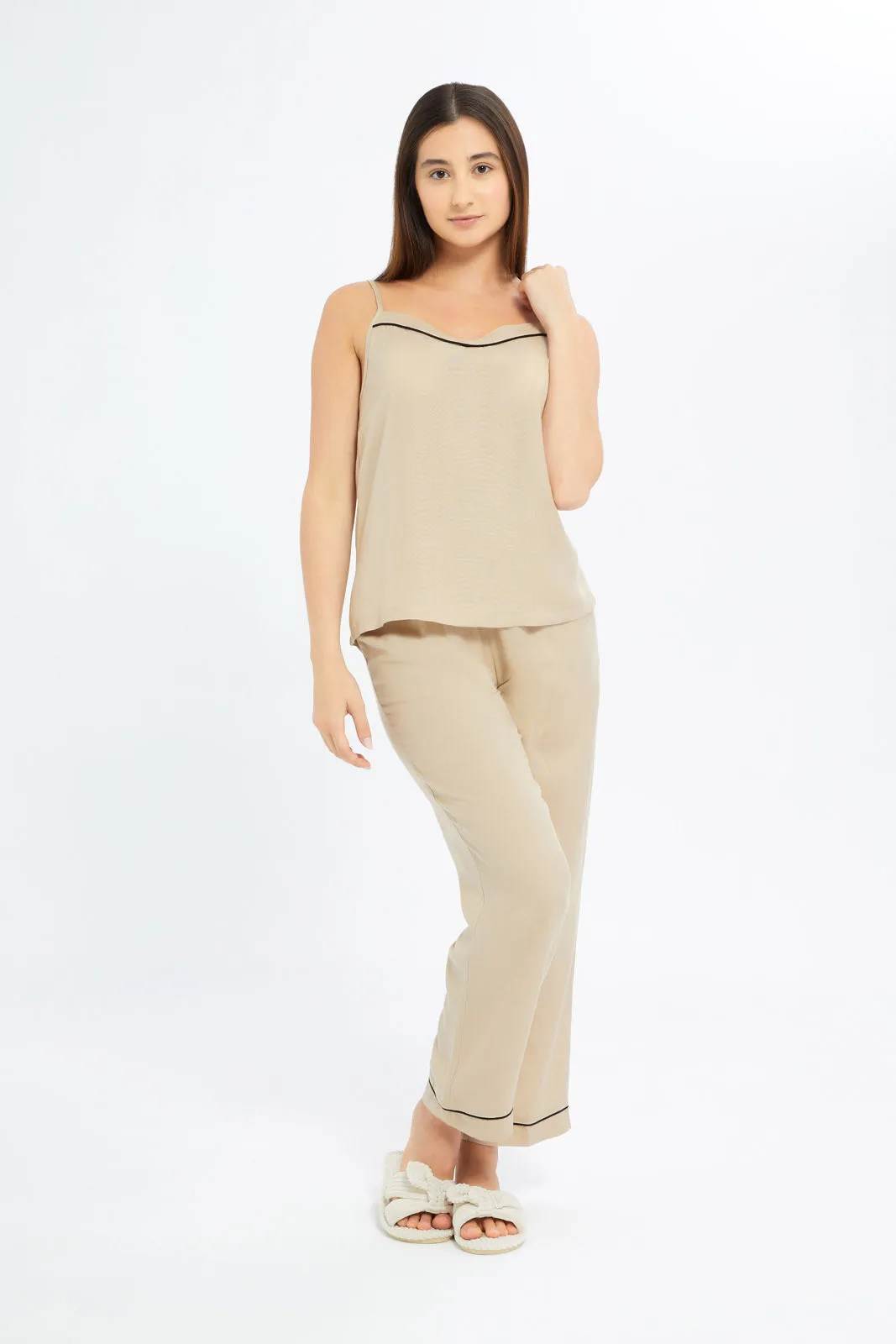 Women Beige Linen Sleeveless Pyjama Set (2 Piece)