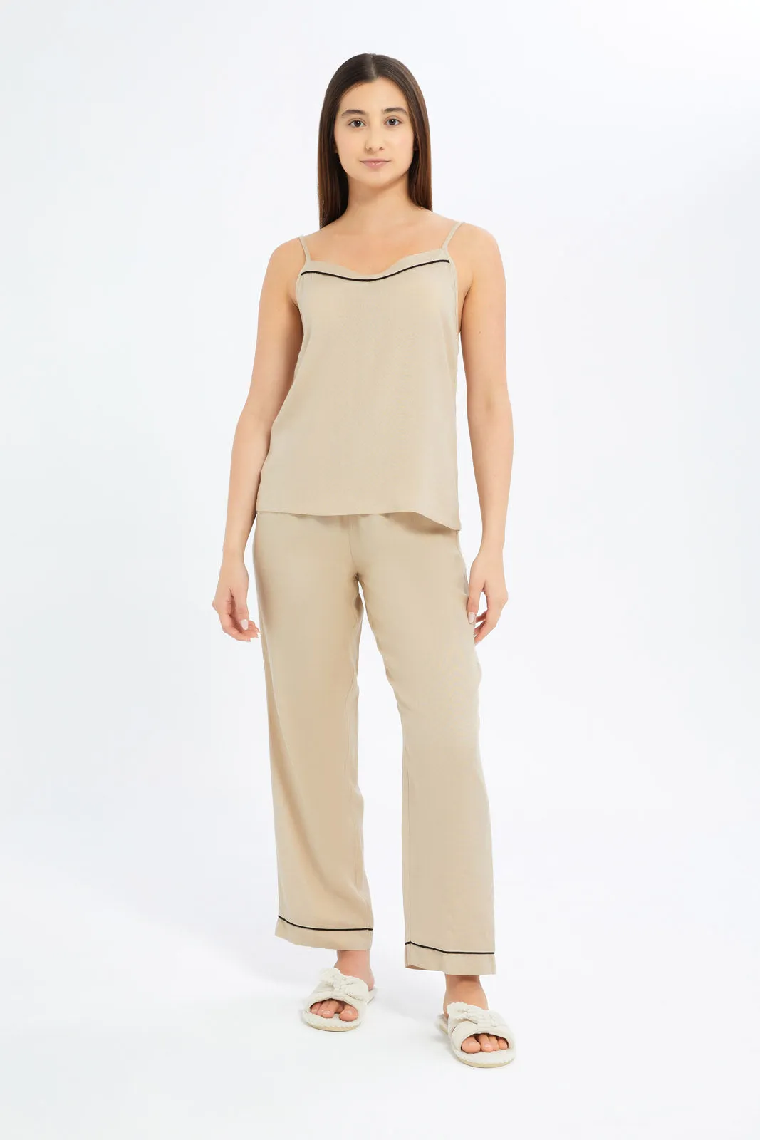 Women Beige Linen Sleeveless Pyjama Set (2 Piece)