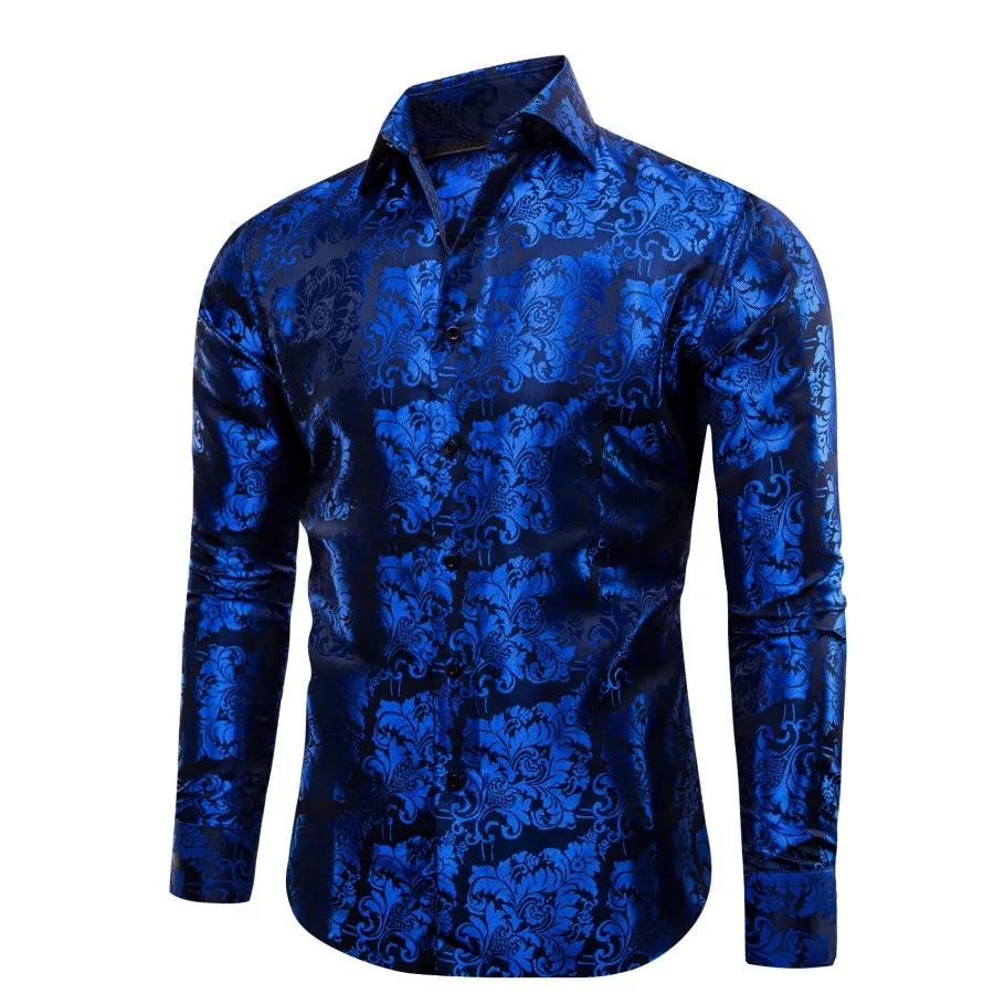 YourTies Blue Shirt Men's Klein Blue Black Floral Long Sleeve Shirt