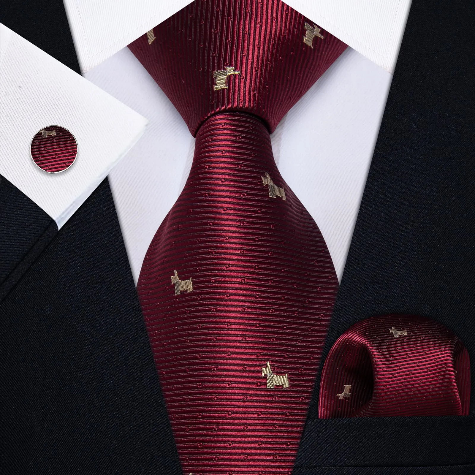 YourTies White Solid Long Sleeve Shirt with Burgundy Novelty Dog Pattern Silk Tie for Men