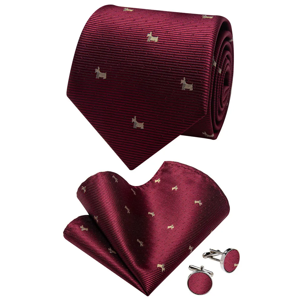 YourTies White Solid Long Sleeve Shirt with Burgundy Novelty Dog Pattern Silk Tie for Men