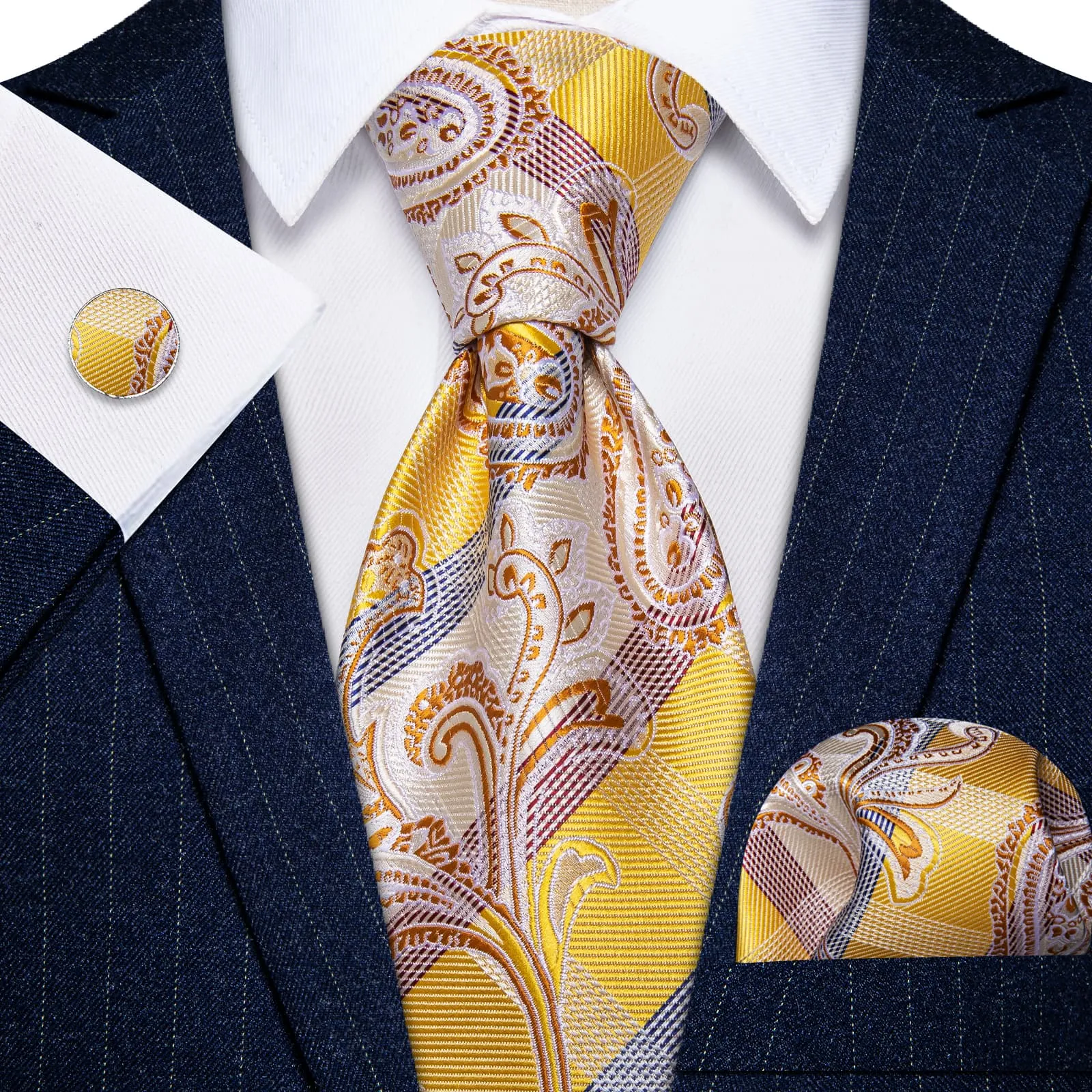 YourTies White Solid Long Sleeve Shirt with Gold White Paisley Silk Tie for Men